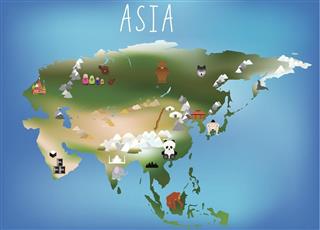 Childrens map asia and asian continent with landmarks and animals