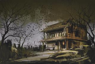 Old wooden abandoned househalloween background