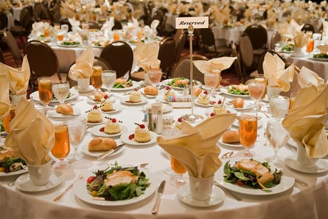Reserved sign on a large set banquet table