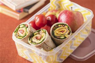 Ham and cheese wraps in lunch box