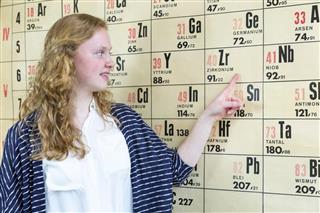 Female dutch student pointing at wall chart with periodic table