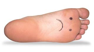 Foot and (face sad) isolate on white background