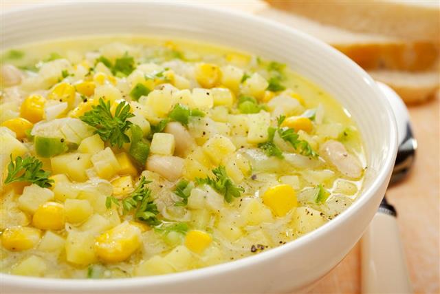 Corn Chowder Soup with Potatoes and Green Capsicum