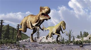 Tyrannosaurus rex chasing a velociraptor