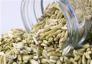 Raw fennel seeds being poured out of a glass mason jar