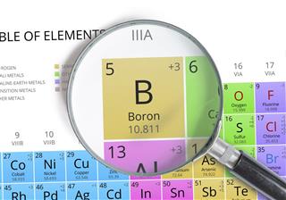 Boron - Element of Mendeleev Periodic table magnified with magnifier