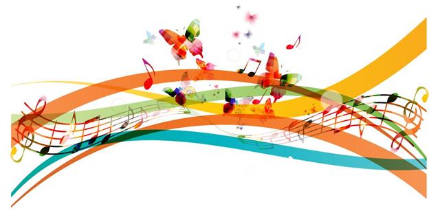 Colorful background with music notes and butterflies