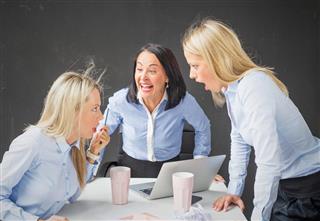 Women colleagues arguing and screaming in the office