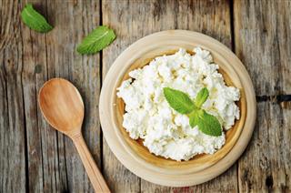 Homemade ricotta with bread decorated with mint
