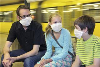 Group of 3 with masks on because of swine flu panic