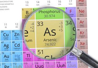 Arsenic - Element of Mendeleev Periodic table magnified with magnifier