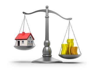 Scales with house and money - isolated / clipping path