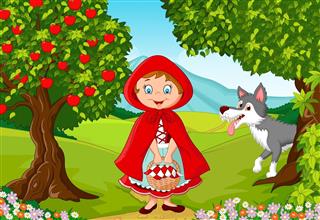 Little Red Riding Hood meeting with a wolf