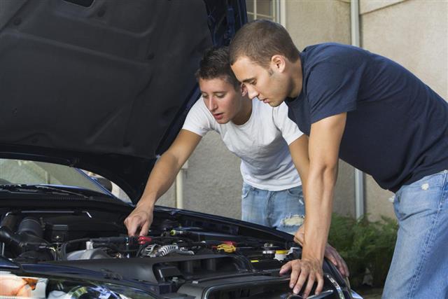 Car Repair and Engine Maintenance Men Working Examining Under Hood