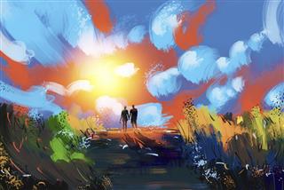 Digital painting couples stood watching sunsets. The natural beauty