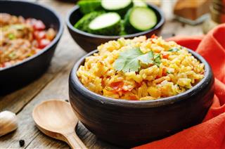 Saffron rice with vegetables and cilantro