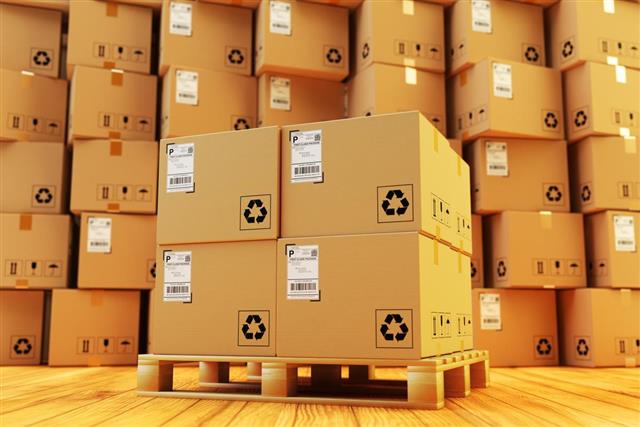 Distribution warehouse package shipment freight transportation and delivery concept