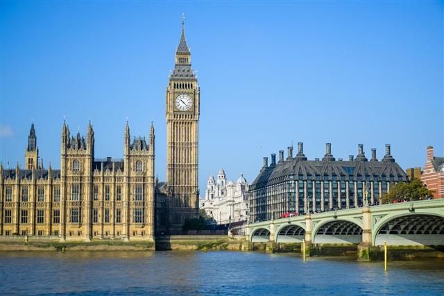 The Palace Of Westminster With Big Ben Clock Tower And Westminster Bridge London