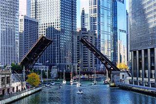Bridge Raised For Sailboats On Chicago River