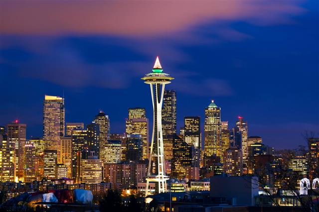 Scenery Of Seattle Skyline At Night