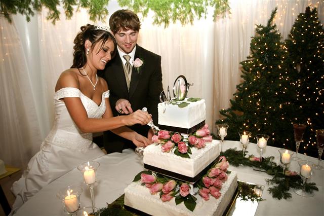 Bride And Groom Couple Cutting Cake