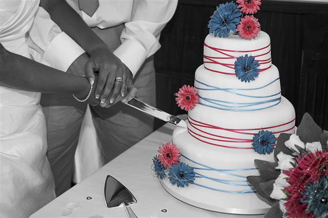 Couple Cutting Blue And Pink Cake