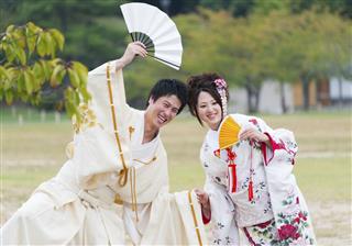 Japanese couple in traditional costumes