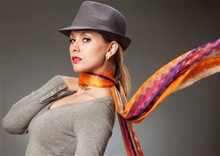 Woman With Fedora Multicolor Scarf