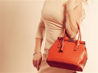 Elegant Woman Holds Brown Handbag
